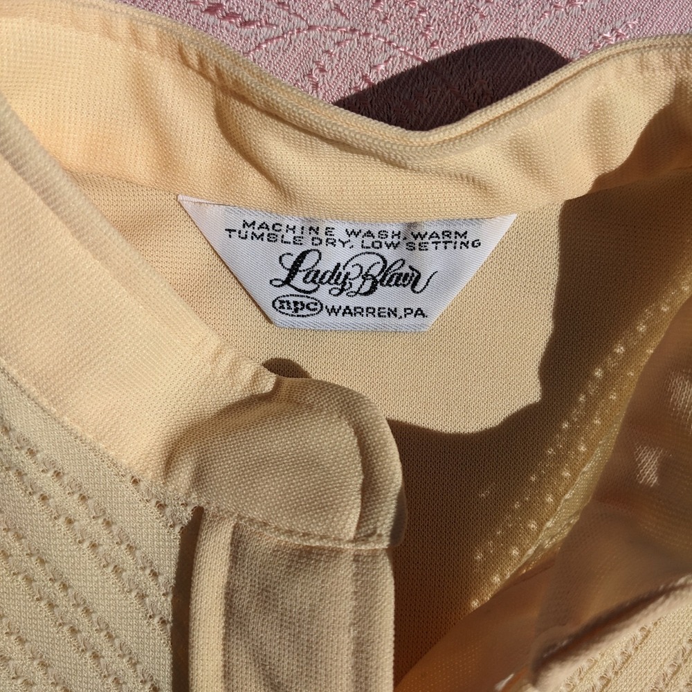 Vintage 70s Mod Shirt Dress M/L Yellow Midi Pointelle Lace Sleeve Shift Mandarin - Picture 6 of 14